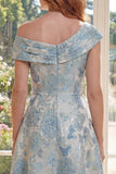 A Line Jacquard Blue One Shoulder Midi Mother Of the Bride Dress