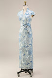 Jacquard Blue High Neck Sheath Long Mother Of the Bride Dress with Slit