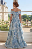 Off the Shoulder A-Line Jacquard Blue Long Mother Of the Bride Dress