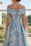 Off the Shoulder A-Line Jacquard Blue Long Mother Of the Bride Dress