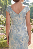 Blue Mermaid V-Neck Jacquard Ruched Long Mother Of the Bride Dress