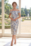 Dusty Blue Off the Shoulder Bodycon Jacquard Midi Mother Of the Bride Dress