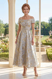 A-Line Dusty Blue Off the Shoulder Jacquard Ruched Long Mother Of the Bride Dress
