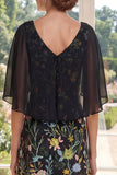 A-Line Tulle Black Embroidered Long Mother Of the Bride Dress with Flutter Sleeves