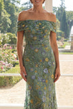Off the Shoulder Green Mermaid Tulle Embroidered Mother Of the Bride Dress