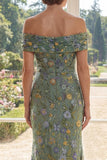 Off the Shoulder Green Mermaid Tulle Embroidered Mother Of the Bride Dress