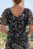 Black Tulle A-Line V-Neck Printed Long Mother Of the Bride Dress