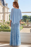 Light Blue Sheath Sequins Long Mother Of the Bride Dress with Cape