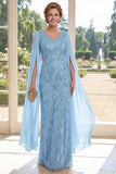 V-Neck Light Blue Sheath Sequins Long Mother Of the Bride Dress with Cape Sleeves