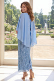Sparkly Light Blue Sheath Sequins Long Mother Of the Bride Dress with Cape