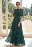 Tulle Dark Green A-Line Beaded Long Mother Of the Bride Dress with Cape