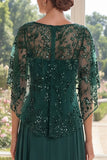 Tulle Dark Green A-Line Beaded Long Mother Of the Bride Dress with Cape