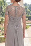 Grey Chiffon Sheath Beaded Ruched Long Mother Of the Bride Dress
