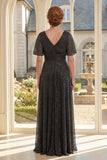 A-Line Black V-Neck Long Mother Of the Bride Dress with Flutter Sleeves