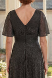 A-Line Black V-Neck Long Mother Of the Bride Dress with Flutter Sleeves