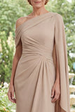Champagne One Shoulder Chiffon Ruched Long Mother Of the Bride Dress with Side Cape