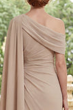 Champagne One Shoulder Chiffon Ruched Long Mother Of the Bride Dress with Side Cape