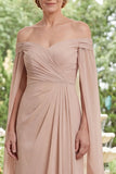 Chiffon Champagne Off the Shoulder Ruched Mother Of the Bride Dress with Cape Sleeves