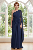 Chiffon Navy One Shoulder Ruched Mother Of the Bride Dress with Cape Sleeve