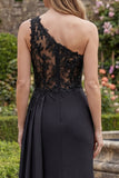 Black One Shoulder Mermaid Ruched Beaded Long Prom Dress with Slit