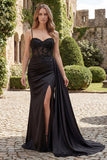 Mermaid Satin Black Ruched Beaded Long Prom Dress with Slit