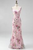 Pink Square Neck Mermaid Floral Long Formal Dress with Beading