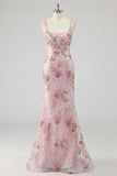 Pink Square Neck Mermaid Floral Long Formal Dress with Beading
