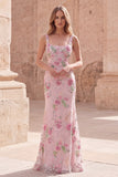 Pink Square Neck Mermaid Floral Long Formal Dress with Beading