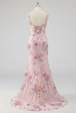 Pink Square Neck Mermaid Floral Long Formal Dress with Beading