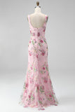 Pink Square Neck Mermaid Floral Long Formal Dress with Beading