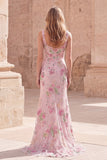 Pink Square Neck Mermaid Floral Long Formal Dress with Beading