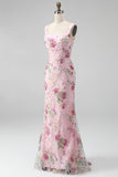 Pink Square Neck Mermaid Floral Long Formal Dress with Beading