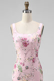 Pink Square Neck Mermaid Floral Long Formal Dress with Beading