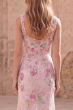 Pink Square Neck Mermaid Floral Long Formal Dress with Beading