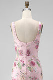 Pink Square Neck Mermaid Floral Long Formal Dress with Beading
