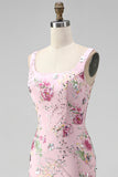 Pink Square Neck Mermaid Floral Long Formal Dress with Beading