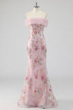 Off the Shoulder Pink Mermaid Floral Long Formal Dress with Beading