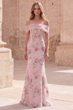 Off the Shoulder Pink Mermaid Floral Long Formal Dress with Beading