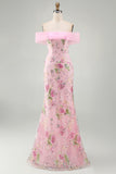 Off the Shoulder Pink Mermaid Floral Long Formal Dress with Beading