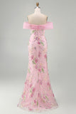 Off the Shoulder Pink Mermaid Floral Long Formal Dress with Beading