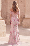 Off the Shoulder Pink Mermaid Floral Long Formal Dress with Beading