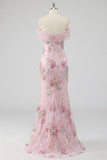 Off the Shoulder Pink Mermaid Floral Long Formal Dress with Beading