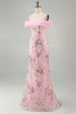 Off the Shoulder Pink Mermaid Floral Long Prom Dress with Beading