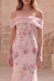 Off the Shoulder Pink Mermaid Floral Long Formal Dress with Beading