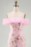 Off the Shoulder Pink Mermaid Floral Long Prom Dress with Beading