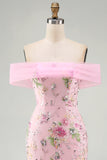 Off the Shoulder Pink Mermaid Floral Long Formal Dress with Beading