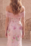 Off the Shoulder Pink Mermaid Floral Long Formal Dress with Beading