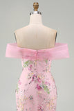 Off the Shoulder Pink Mermaid Floral Long Prom Dress with Beading