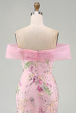 Off the Shoulder Pink Mermaid Floral Long Formal Dress with Beading