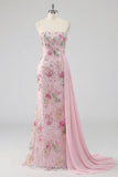 Strapless Pink Mermaid Beaded Floral Long Formal Dress with Sash